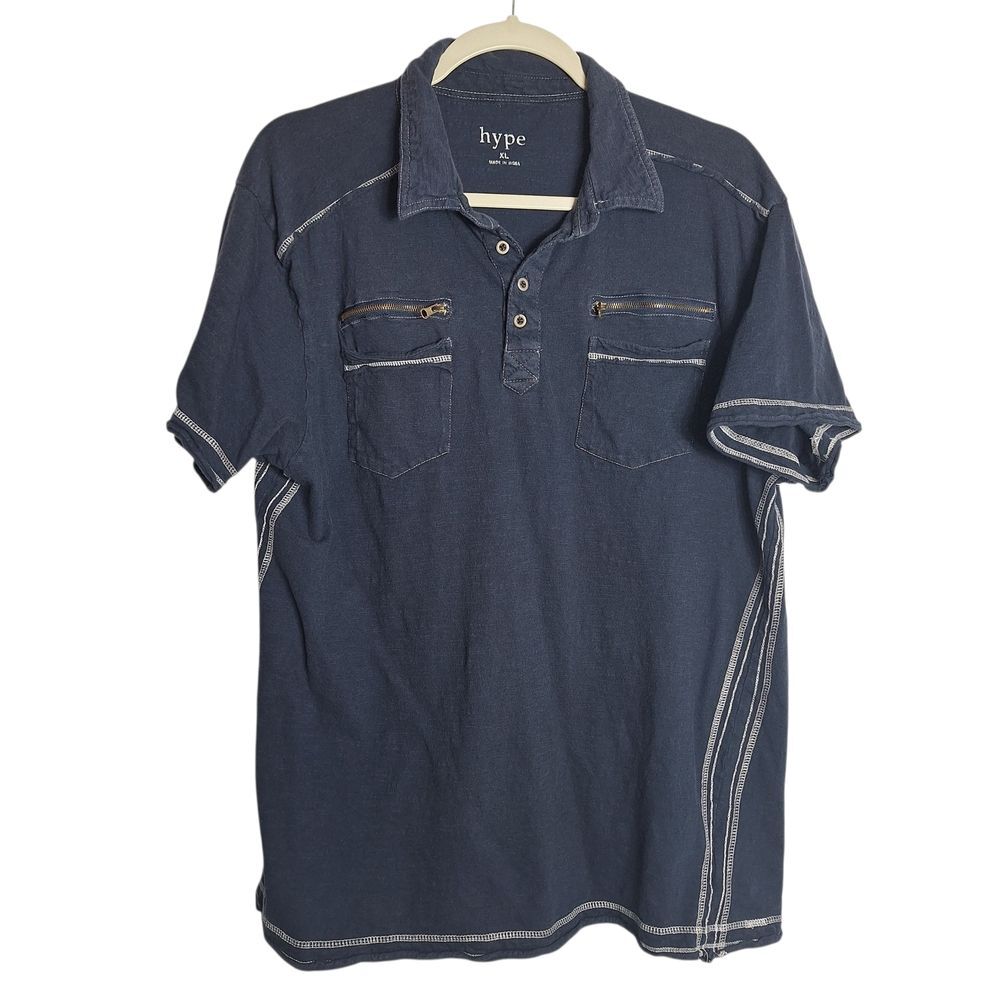 Hype Short Sleeve Polo Shirt Navy Front Pockets Cotton XL Mens